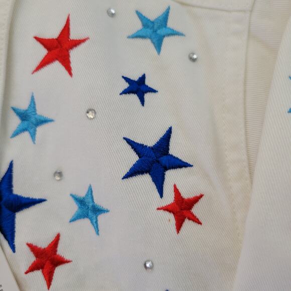 The Quacker Factory Denim Jacket Stars Angel Emroidered Red White Blue Sze S NWT - Picture 7 of 7